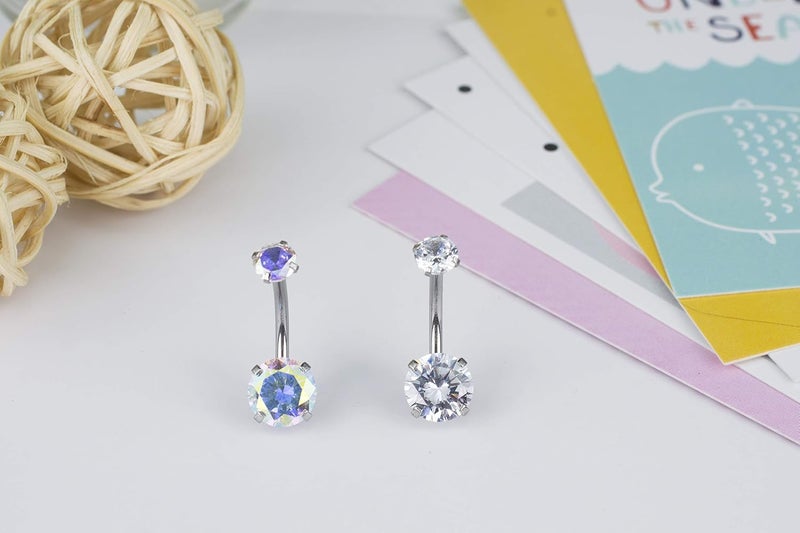 HQLA 14G Belly Button Rings Surgical Stainless Steel Round Cubic Zirconia Navel Barbell Stud Body Piercing - Image 1